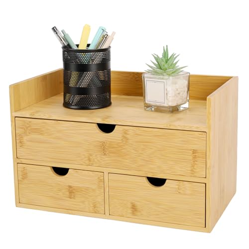 Charmewooden Bamboo Desk Organizer With Drawers Countertop Drawers Counter Storage Box Corner Desk Organizer for Home Office No Assembly Required - color: Natural Color(3 Drawers with shelf)