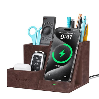 Wireless Charger with Desk Organizer, 3 Compartments and 1 Phone Stand - color: Dark Brown