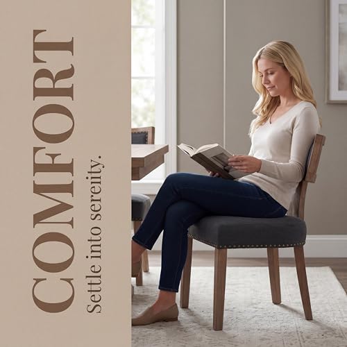 HNY Mid Century Modern Dining Chairs Set of 2, Farmhouse Linen Fabric Upholstered Accent Chairs Curved Nailhead Trim Backrest Kitchen Chairs, with Hardwood Frame, Charcoal - color: Charcoal Nailhead