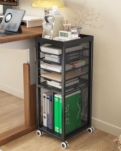Rolling File Cart with 4 Dividers, Mobile File Cabinet with Wheels | Hanging File Folder Organizer, Under Desk Storage, Printer Stand Utility Cart Filing Cabinet for Home Office（Black）