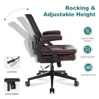 Big and Tall Office Chair, 500lbs Heavy Duty Ergonomic Mesh, Brown | Flip-Up Armrests, Plus Size PU Leather Wide Seat, 360° Swivel Computer Executive Task Chair for Home Office, Up to 500LBS Cap - color: Brown, size: 2BOX