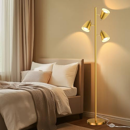 QiMH Tree Floor Lamp with 3 Light Bulbs, Standing Tall Pole Lamps for Living Room Bedroom Office, Reading Stand up Lamps with 3 Adjustable Arms, Brushed Gold - color: Brushed Gold