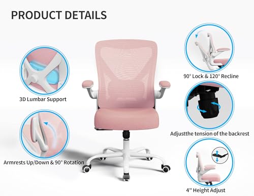 Office Chair: 330LBS Mesh Ergonomic Desk Chair Comfy with 3D Lumbar& Swivel - color: Pink, size: Pack of 1