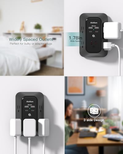 Addtam 5-Outlet Extender Surge Protector, Multi Plug Wall Outlet with 4 USB Wall Charger(2 USB C), Outlet Splitter Power Strip for Home Office Dorm Room Essentials, Plug Extension Outlet 1800J, Black - style: 2C2A No PD