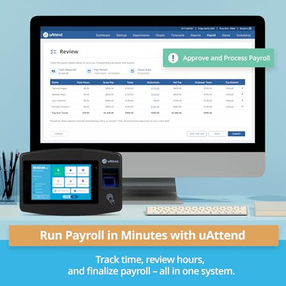 uAttend JP2000 Payroll Time Clock – Cloud Payroll Engine with Biometric & RFID, Time & Attendance System, Faster Payroll - $100 Payroll Fees Credit