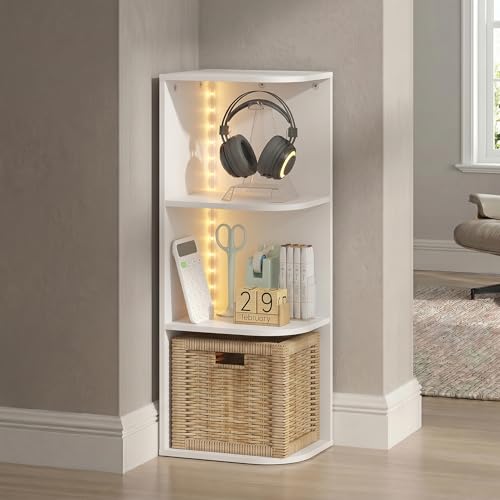 Furinno PASIR Book Shelf with LED Lights, 3-Tier Corner Bookshelf, Open Shelves Bookcase 9.3 x 12 x 31.5, for Home Office, Living Room, Study Room, White - color: White, size: 3-Tier LED