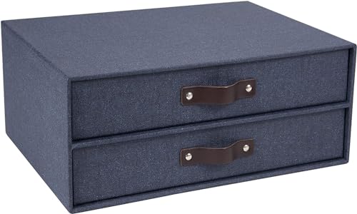 Bigso Birger 2-Drawer Canvas Fiberboard Easy Pull Handle Document Letter Box | Desktop Drawers for Loose Papers and Documents | Desktop Storage Drawers with Leather Handles | 13.1” x 10” x 5.7” | Blue - color: Blue