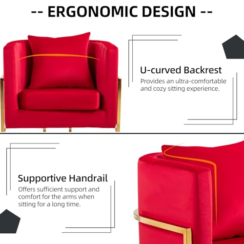 Velvet Accent Barrel Chairs Set of 2, Modern Arm Club Chair Set with Pillow for Living Room/Bedroom/Guest Reception, Channel Tufted, Gold Finish Base, Red - color: Red, size: 2 PCS
