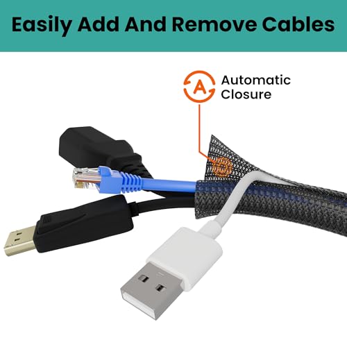 Braided Cable Management Sleeve, 10 ft (120 in), 1/2 in, Black | Expandable Split PET Braid, Self-Closing Design for TV, PC, USB and Ethernet Cables, Protect Pets Kids - size: 10ft-1/2"