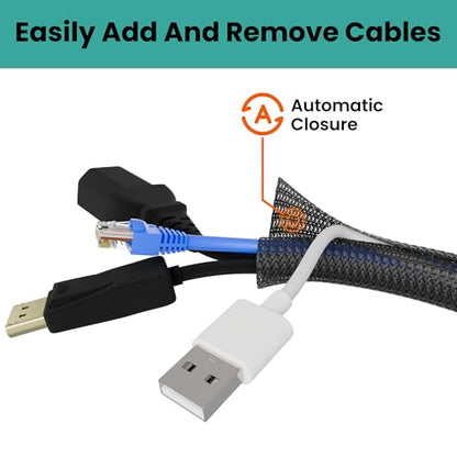Braided Cable Management Sleeve, 25 ft (300 in), 1/2 in, Black | Expandable Split PET Braid, Self-Closing Design for TV, PC, USB and Ethernet Cables, Protect Pets Kids - size: 25ft-1/2"