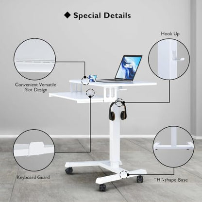 BONTEC Mobile Standing Desk with Keyboard Tray, Mobile Podium on Wheels | Rolling Laptop Sit Stand Desk, Adjustable Height Desk Up to 33lbs, Portable Computer Workstation Cart for Living Room, White - color: White