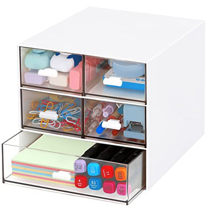Desk Organizer with 5 Drawers, Rectangular Office Stationery Supplies Desktop Drawers, Plastic Makeup Storage, Suitable for Office, School, Home (White & 5 Drawers) - color: White & 5 Drawers
