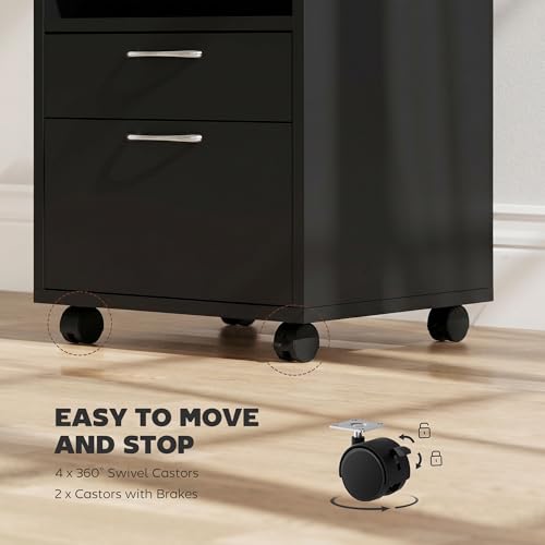 HOMCOM Mobile Storage Cabinet Organizer, Bathroom Drawer Cabinet, Black | Printer Stand, Castors - color: Black