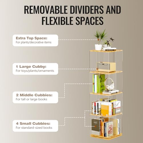 TAKEKIT Rotating Bookshelf, 360 Degree Revolving Bookcase, 4-Tier Spinning Bookshelf, Clear Acrylic & Solid Wood Rotating Bookcase for Kid’s Playroom, Bedroom and Living Room, Square - color: Natural Square, size: 4-Tier