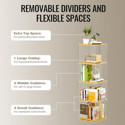 TAKEKIT Rotating Bookshelf, 360 Degree Revolving Bookcase, 4-Tier Spinning Bookshelf, Clear Acrylic & Solid Wood Rotating Bookcase for Kid’s Playroom, Bedroom and Living Room, Square - color: Natural Square, size: 4-Tier