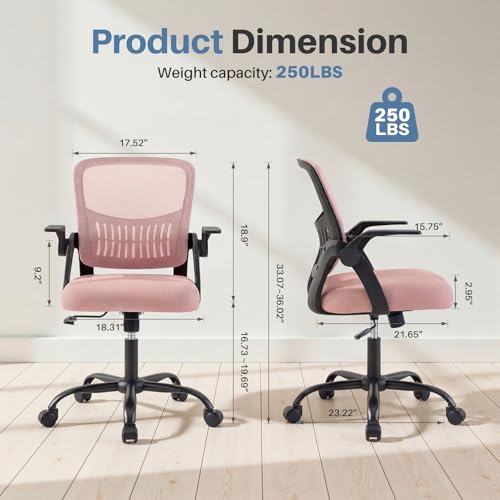 DUMOS Office Chair, Ergonomic Home Desk Chair, Ergonomic Lumbar Support - color: Pink Flip Arm