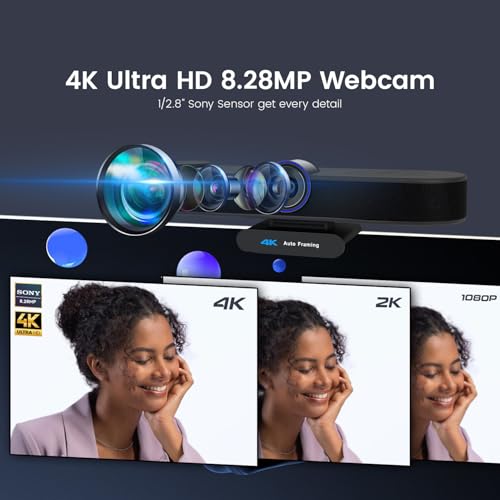 TONGVEO 3-in-1 4K Webcam with Microphones and Speaker, AI Auto-Tracking 5X Digital Zoom Webcam 4K Adjustable Field of View Remote Control Works with Microsoft Teams, Zoom, Google Meet, PC Mac Laptop
