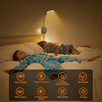 Wall Mounted Reading Light,Headboard Reading Lamp with 5 Color Temperature &5 Dimming,360°Flexible Gooseneck,USB Output, Night Light&Timer Function- Perfect for Reading in Bed Black 2 PCS - color: Black 2 PCS
