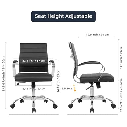 LANDSUN Home Office Chair Mid Back Desk Chair PU Leather Ribbed Executive Swivel Computer Chair with Wheels and Armrests Soft Padded Adjustable Height Conference Task Black