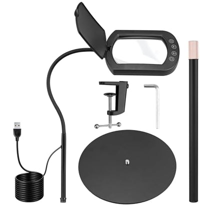 COLFULINE 10X Magnifying Glass Floor Lamp 5 Color Mode & Stepless Dimming | 10X HD Square Glass Lens,Dust Cover & Clamp Design,Adjustable Telescopic Pole & Stable Heavy Base,40cm Flexible Gooseneck