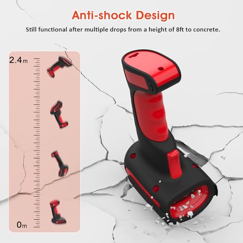 Symcode 2D Industrial Barcode Scanner with Stand 433 Wireless 1968 Feet Transmission Distance USB QR Automatic Barcode Reader Handhold Hands-Free Bar Code Scanner with Charging Base Red