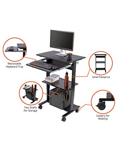 Stand Up Desk Store Mobile Rolling Adjustable Height Standing Workstation with Printer Shelf and Slideout Keyboard Tray (Black Frame/Black Top, 30" Wide) - color: Black/Black