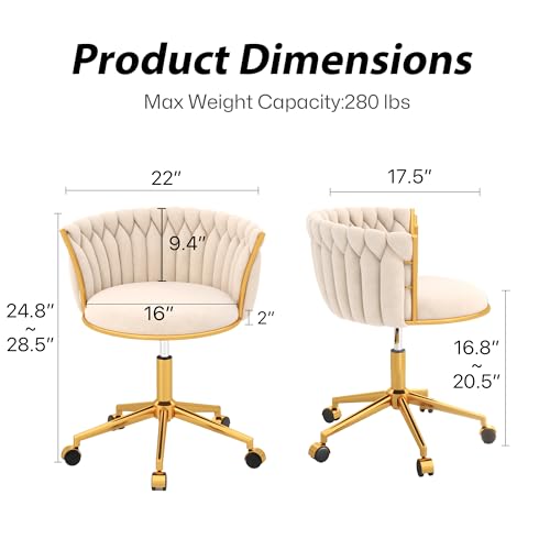 HENGJIANYI Velvet Woven Home Swivel Vanity Desk Chair with Gold Base, Beige | Modern Height Adjustable Office Chair with Metal Base and Hand Weaving Back Wheels for Bedroom Study Small Space girl women - color: Beige