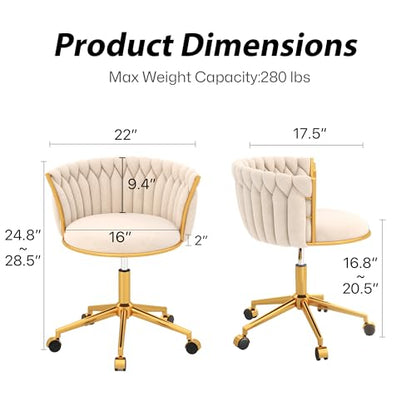 HENGJIANYI Velvet Woven Home Swivel Vanity Desk Chair with Gold Base, Beige | Modern Height Adjustable Office Chair with Metal Base and Hand Weaving Back Wheels for Bedroom Study Small Space girl women - color: Beige