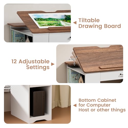 Drafting Table with Storage Cabinet & Drawers, Adjustable Drawing Desk with Open Shelves, Craft Table Painting Desk for Artists, Painters, Drawing, Crafting, Reading, Writing, Working - color: White