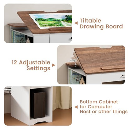 Drafting Table with Storage Cabinet & Drawers, Adjustable Drawing Desk with Open Shelves, Craft Table Painting Desk for Artists, Painters, Drawing, Crafting, Reading, Writing, Working - color: White
