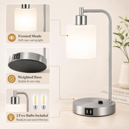 Set of 2 Industrial Touch Control Table Lamps with 2 USB Ports and AC Outlet - 3-Way Dimmable Nickel Bedside Lamp Nightstand Desk Lamps for Bedroom Living Room, Opal Glass Shade & 2 LED Bulbs Included - color: Nickel(2 pack)-Opal Glass-Touch Control