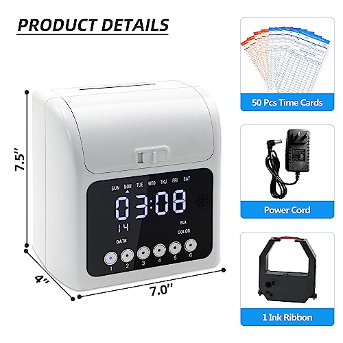 Time Clock with Passcode, Auto-Align Time Clocks for Small Business, Time Clock Punch Machine with 50-Piece Time Cards, and One Ink Ribbon Cartridge