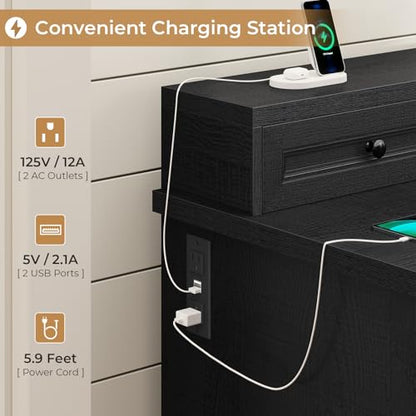 BTHFST 59.1" Executive Desk with File Drawer, Charging Station, Black - color: Black