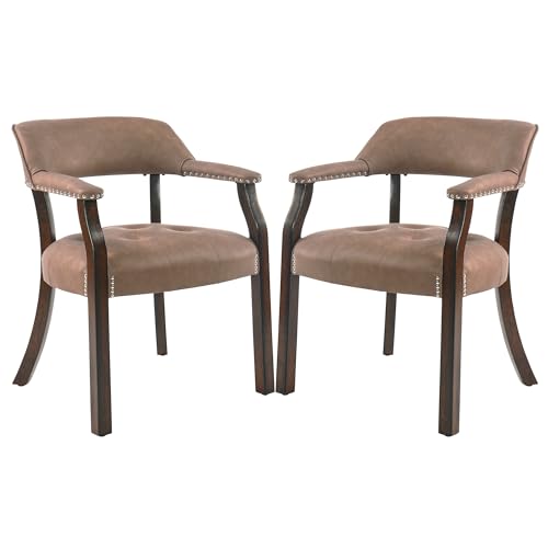 LEEMTORIG Set of 2 Faux Leather Dining Chair with Arms, Solid Wood Dining Chair with Supportive Back, Boss Caption's Chairs Office Desk Chairs, Espresso Legs & Yellowish Brown PU CY-NX173-318EY - color: Espresso Legs & Yellowish Brown Pu, size: Set of 2