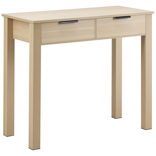 VEVOR Small Desk with Drawers, Wooden Table for Home Office, Small Computer Desk with Storage, Vanity Desk with Drawers, Study Table for Adults/Students for Drawing, Reading, Writing, Light Wood - size: 34.25"D x 15.55"W x 29.57"H