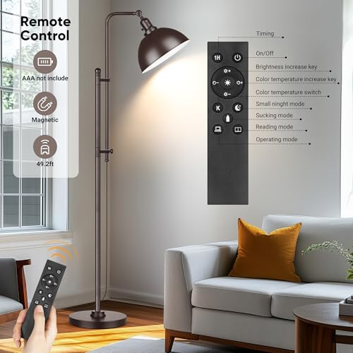 PARTPHONER Industrial Floor Lamp Adjustable, Rustic Farmhouse Reading Lamp in Aged Brown Finish Modern Standing Lamp with Remote Control Metal Shade for Living Room Bedroom Study Room Office Hotel - color: Brown
