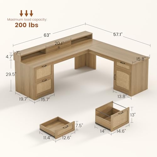 SEDETA Farmhouse 63" L Shaped Desk with Drawers and Storage Cabinet,Oak | Office Desk with File Drawers, Wood Corner Computer Desk with Storage, Home Office Desk with Monitor Stand - color: Oak