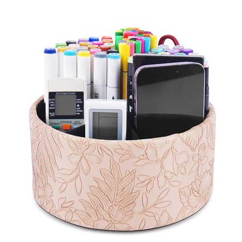 Remote Control Holder, 360°Spinning PU Leather Desk TV Remote Caddy,Desk Storage Box Room Accessories for Controller, Media,Mail,Calculator, Mobile Phone,Pencil(1-Carved Light Brown) - color: 1-Big Carved Light Brown
