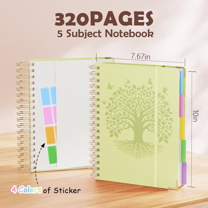 QIYVLOS Hardcover Spiral Notebook, B5 Journal with Removable Dividers Tabs, 5 Subject Notebook College Ruled, 320 Pages 8"x10" Leather Notebooks for Work School Study, Lined Journal for Women, Yellow - color: B5/Yellow