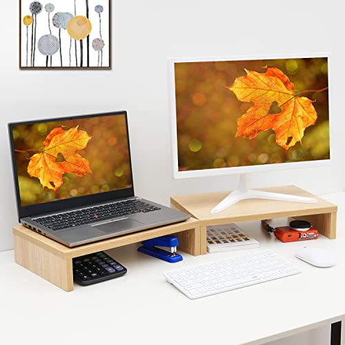 TEAMIX Wood Monitor Stand Riser-2 Packs, Maple | Holds 80Lbs, Stacked/Separate Adjustable Use, 2 Tier Adjustable, Fits laptop, TV, PC. For Home Office, Gaming - color: Maple