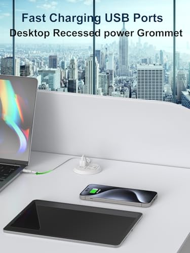 Recessed Desktop Power Grommet 2 inch with USB-C Ports,Tamper-Resistant Design AC Outlets,Round Desk Hole Outlets Conference Outlet for Home Office(White)