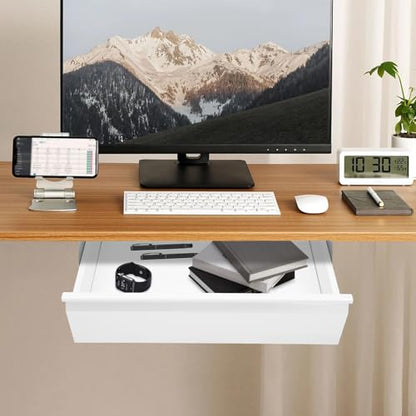 Under Desk Drawer Organizer Metal, Sliding Pull-Out Storage Tray, Hidden Mount, White, Large Capacity for Keyboard Mouse Office Supplies, Smooth Silent Rail, Easy Install