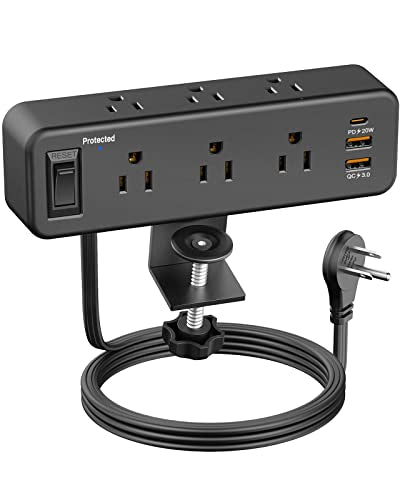 PAEWOK 6 Outlet Desk Clamp Power Strip, Flat Plug Extension Cord - color: Black