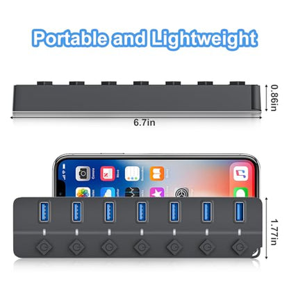 USB Hub 7 Port, USB Splitter with Individual On/Off Switches and Lights - color: Gray