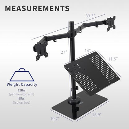 VIVO Freestanding Dual Computer Monitor and Laptop Combo Desk Stand with Glass Base, Fits up to 32 inch Monitors and 17 inch Laptops, Black, STAND-V003FGL - style: Laptop + 2 Monitors