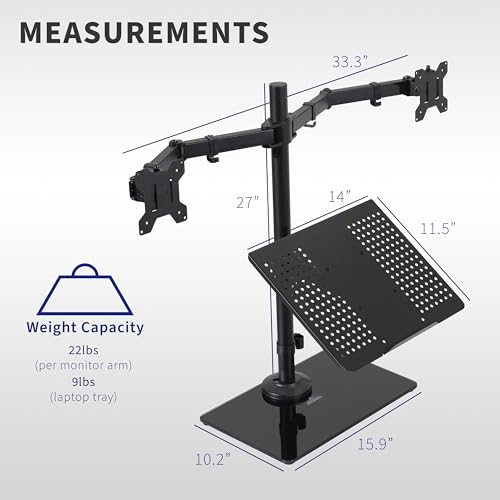 VIVO Freestanding Dual Computer Monitor and Laptop Combo Desk Stand with Glass Base, Fits up to 32 inch Monitors and 17 inch Laptops, Black, STAND-V003FGL - style: Laptop + 2 Monitors