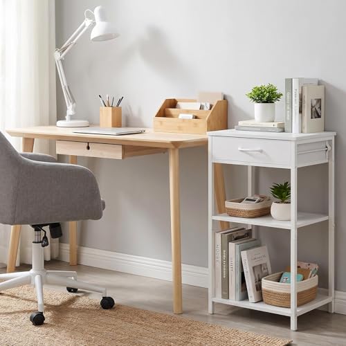 Printer Stand with Fabric Drawer, 3-Tier Industrial Sturdy Under Desk Printer Cart with Open Storage, Narrow Printer Table for Home Office, Fits Printer Scanner Fax Machine, White