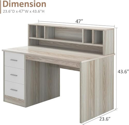 MaverickFurni Home Office Desk with Drawers, 46" Small Desk for Bedroom, Computer Desk with Hutch and Drawers, Study Desk with Storage, White and Walnut - color: White and Walnut