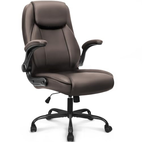 NEO CHAIR Office Desk Chair, High Back PU Leather with Flip-up Arms, Brown | Ergonomic Tall Computer Desk Chair Comfy, Height Adjustable, Swivel Rolling Wheels for Office Home Gaming Study - color: Brown