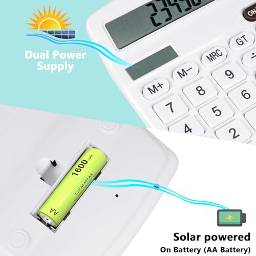Cute White Desktop Calculator with Big Buttons, Dual Power Source | Solar and Battery, Large Display Screen - Perfect for Office, Teachers, and Students (White) - color: White